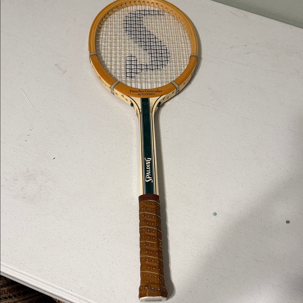 Poncho Gonzales auto.Spalding Cream and Green Wood Tennis Racket with Brown Grip